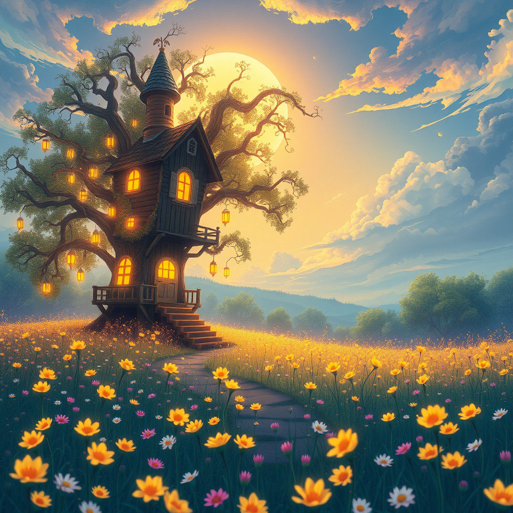 Enchanted Treehouse in Glowing Meadow, Anime Landscape