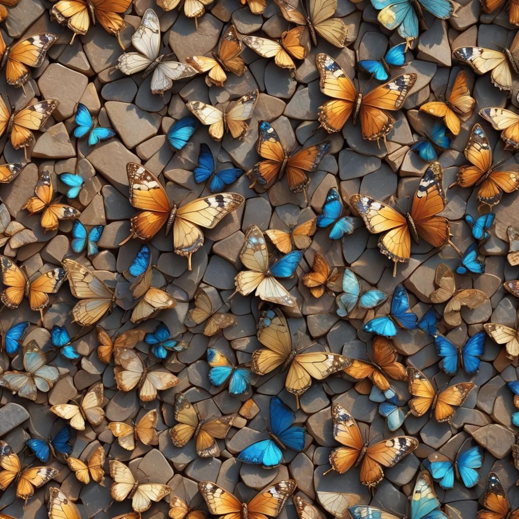 Kaleidoscopic Butterfly on Stone Wall: Hyper-Realistic Digit...