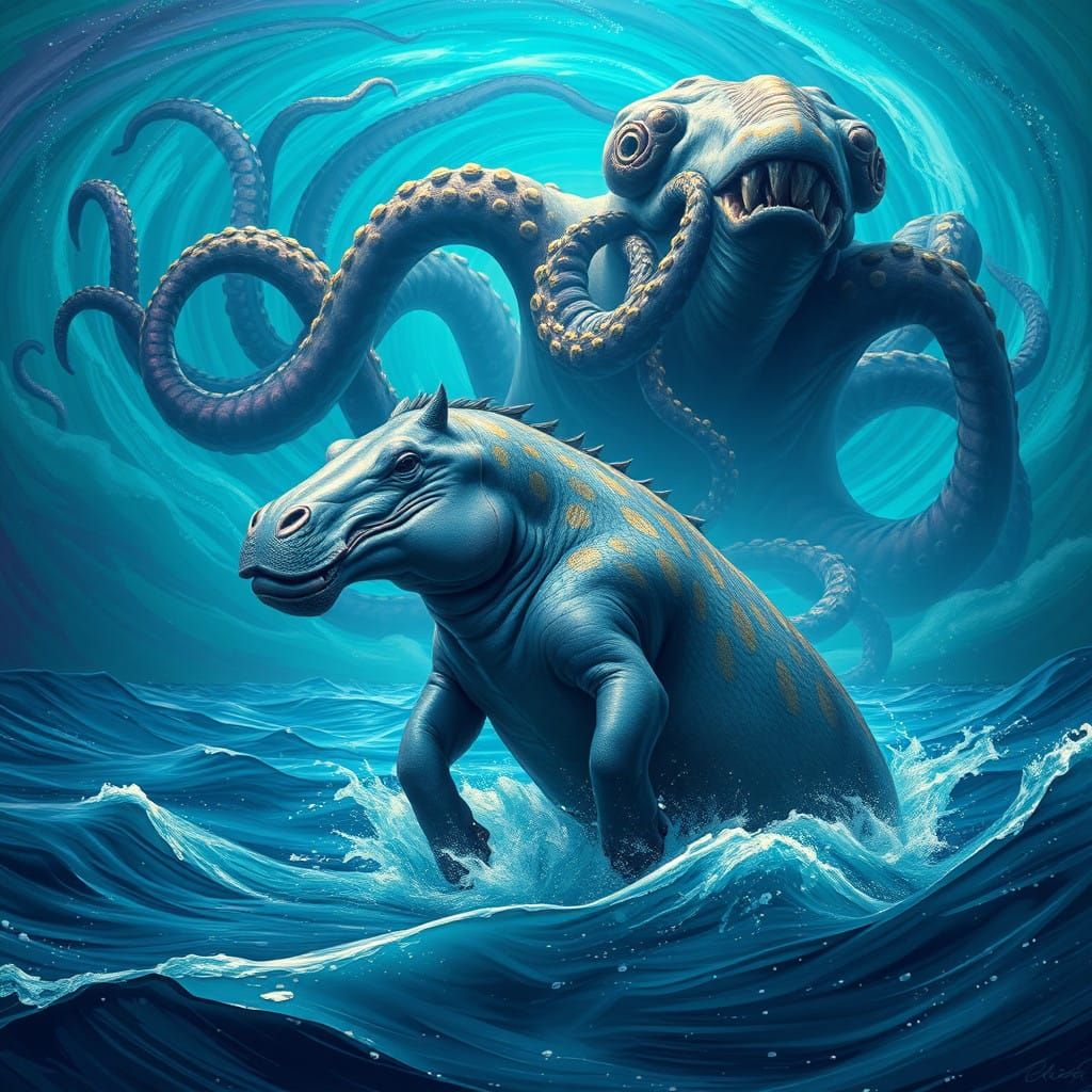 Mystical Sea Creatures in Vibrant, Swirling Vortex