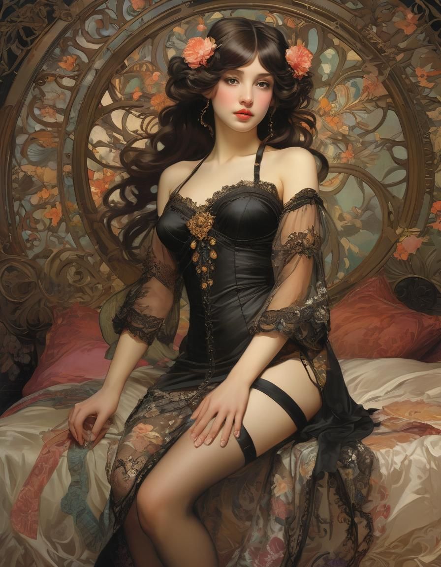 Woman in Black Lingerie in Art Nouveau Style