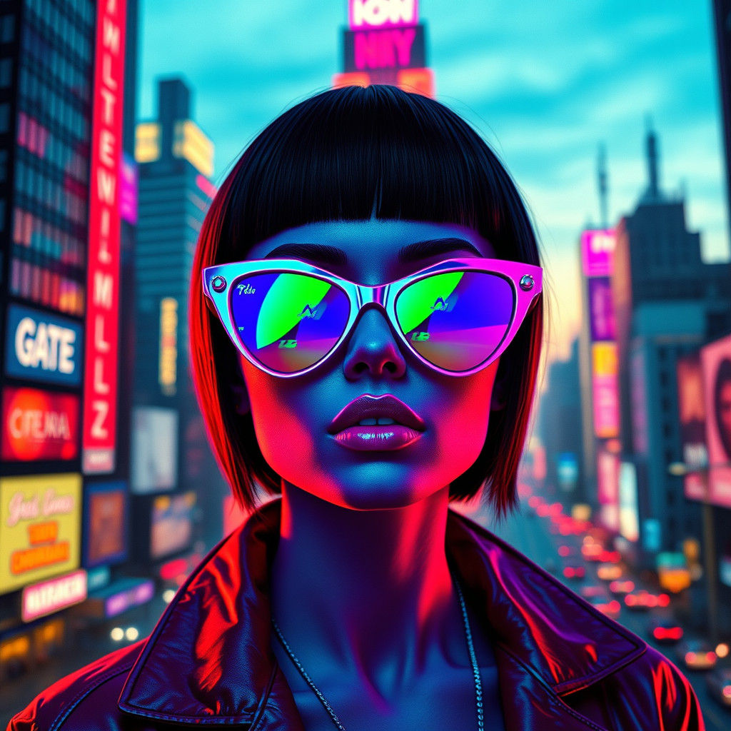 Cyberpunk Woman with Purple Skin in Neon Cityscape