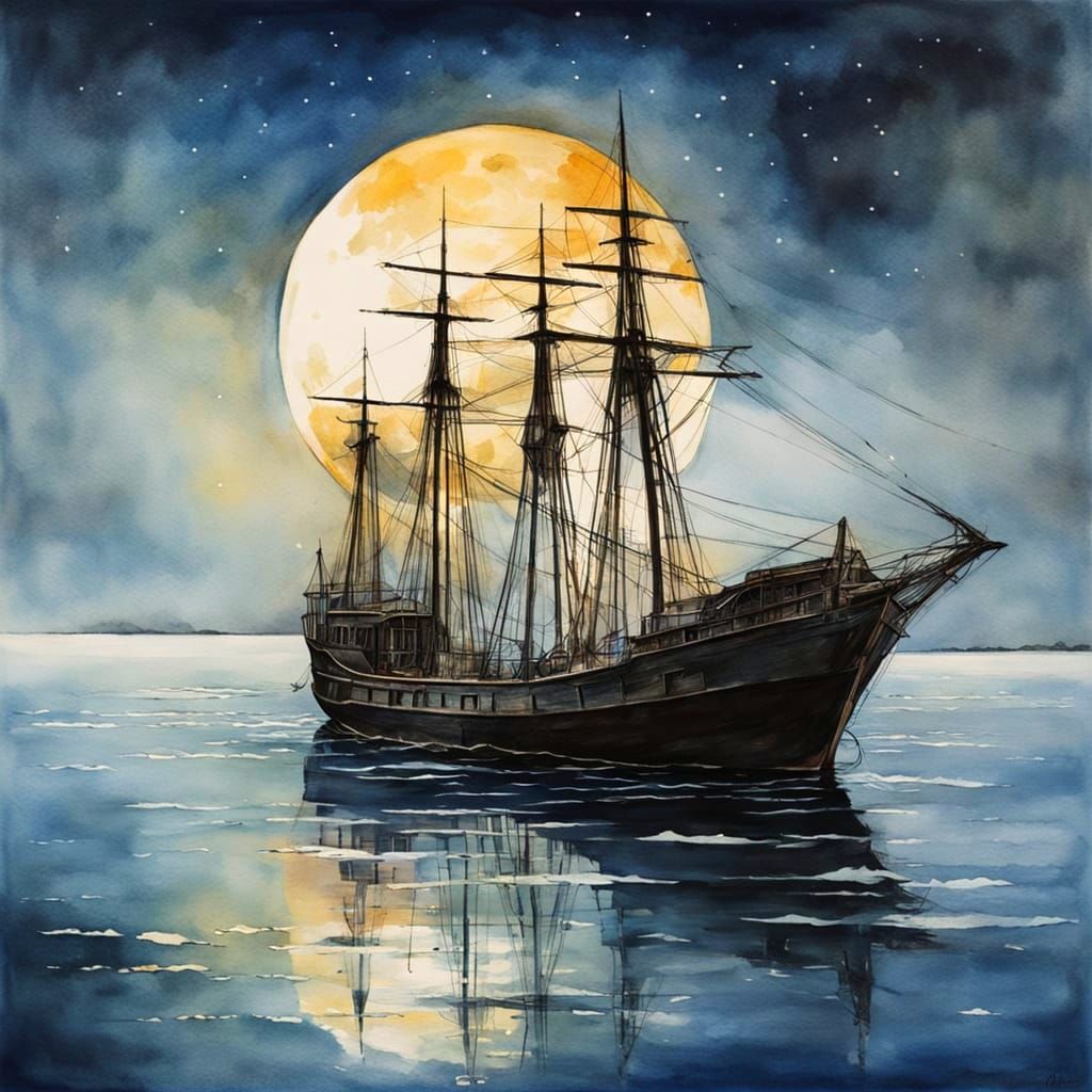 A Weathered Ship Under the Full Moon