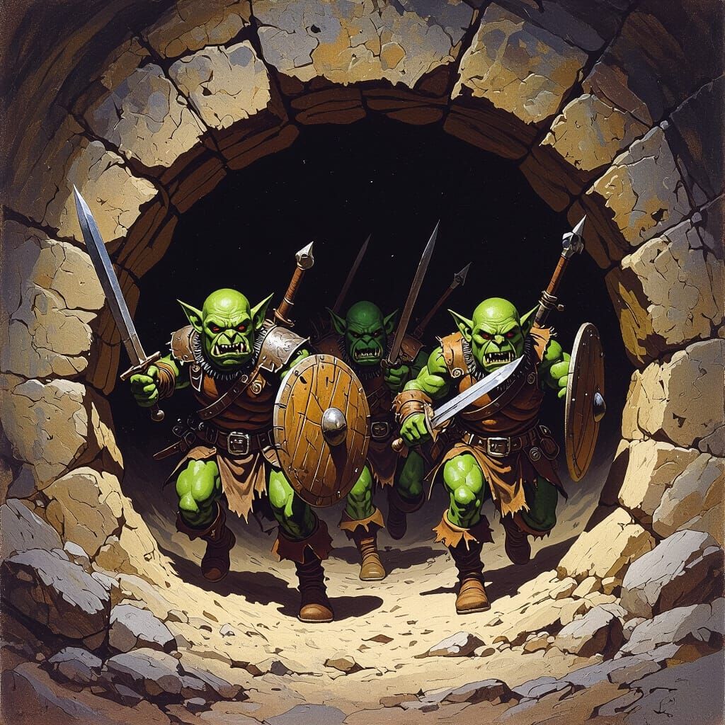 Goblins and Orcs Emerging from Mine, Fantasy Art