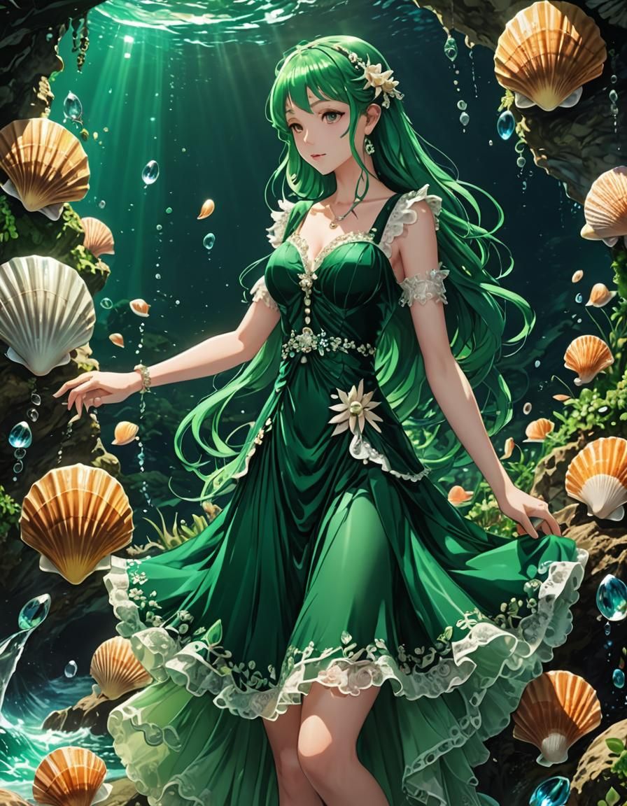 Seashells and Green Velvet Dress in Anime Style