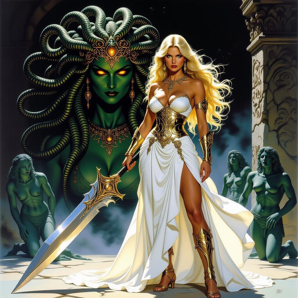 A powerful female warrior with long blonde hair, clad in an ...