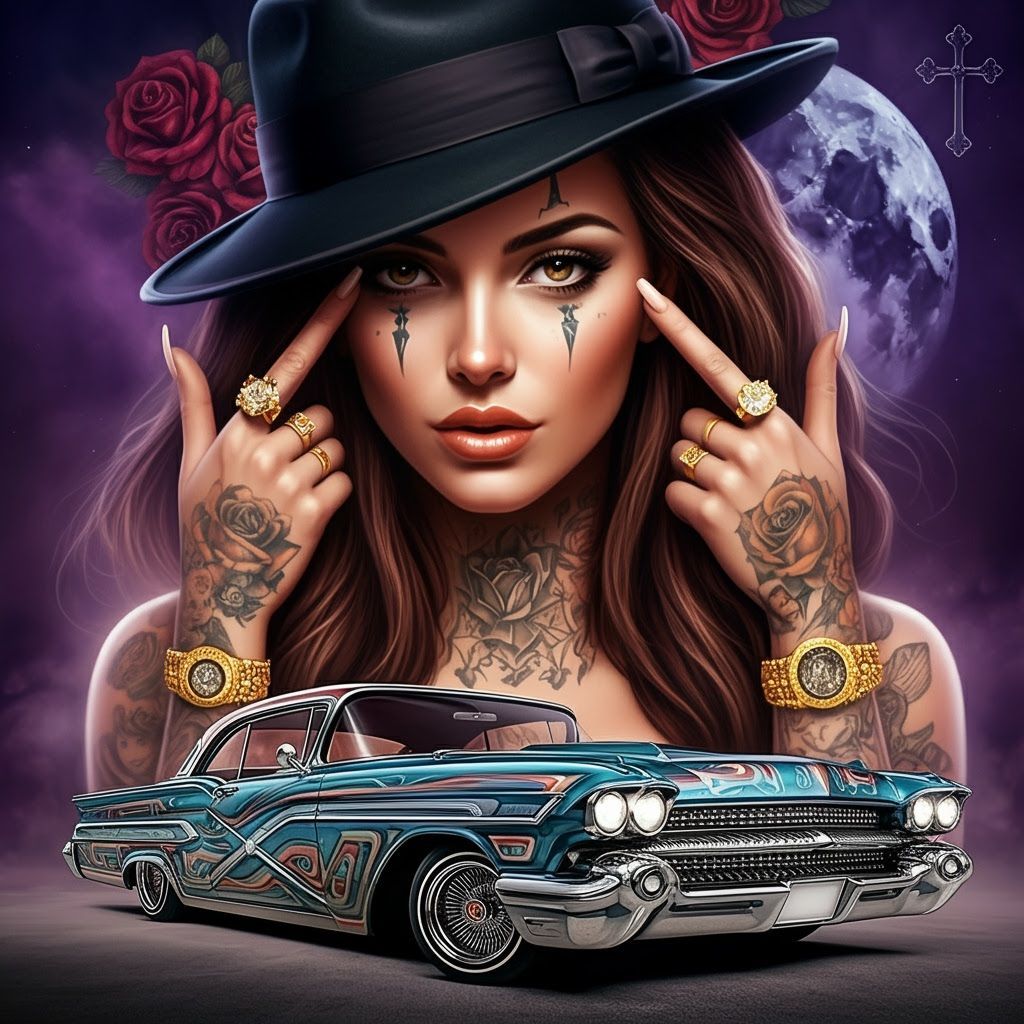 Chicana Woman with Clown Face in Lowrider Scene