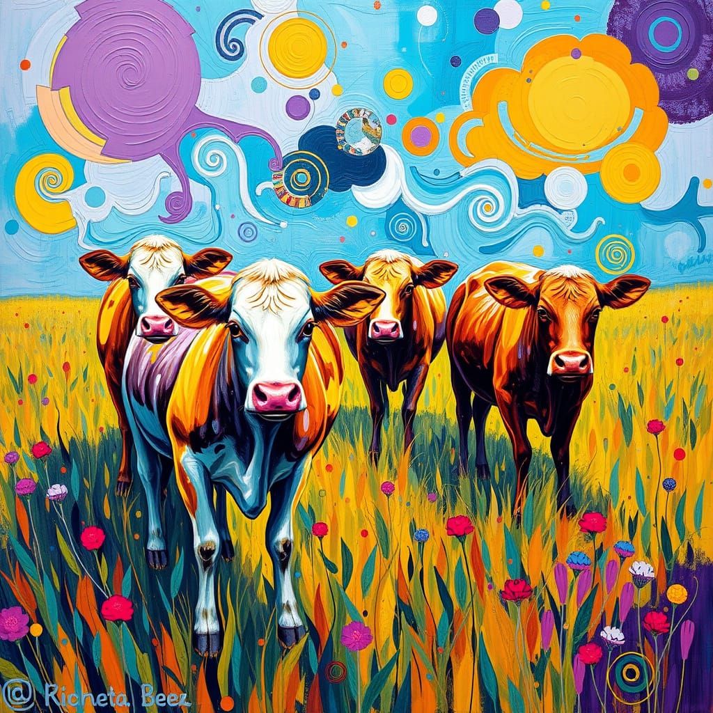 Whimsical Cows in a Colorful Meadow
