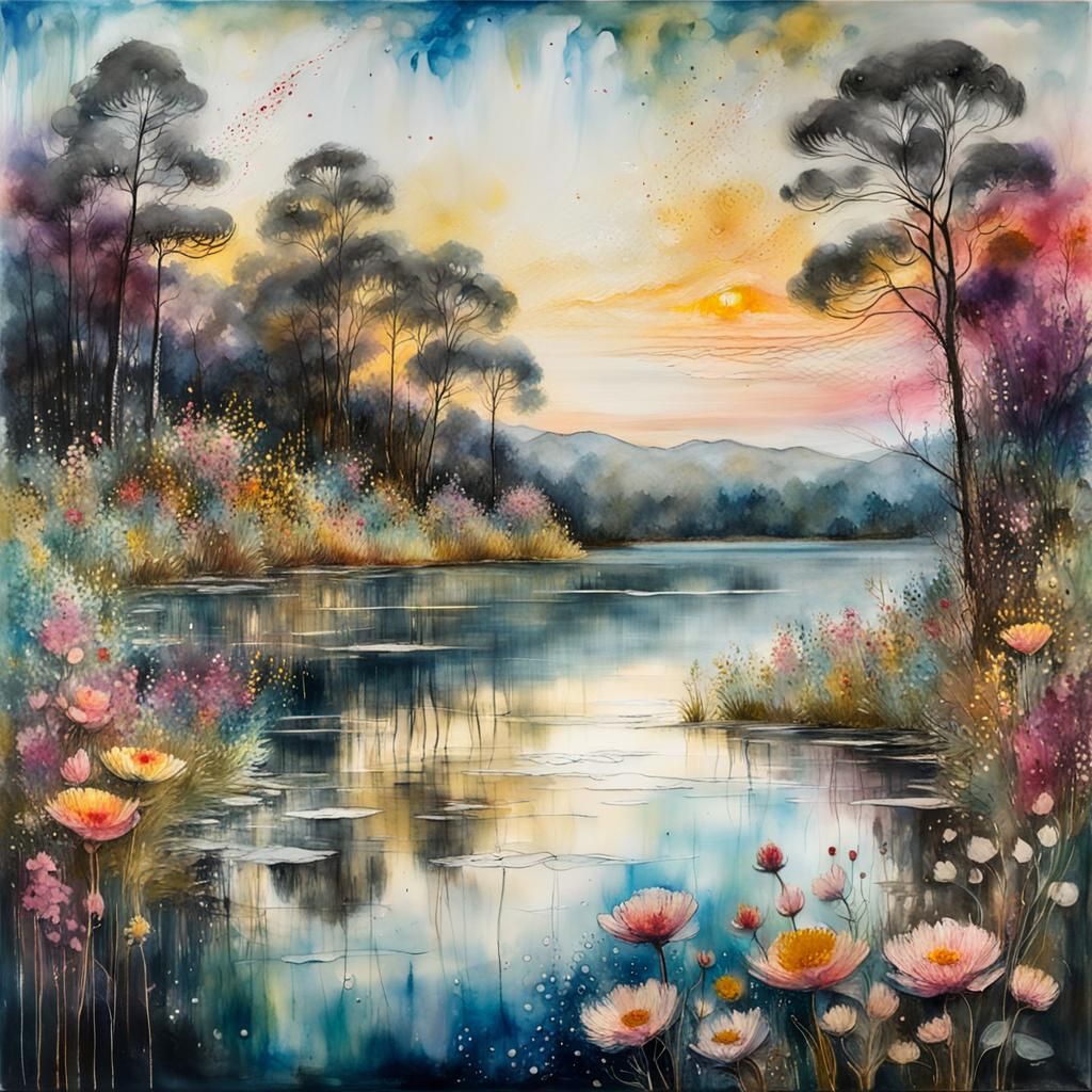 Encaustic Lake Landscape with Golden Details