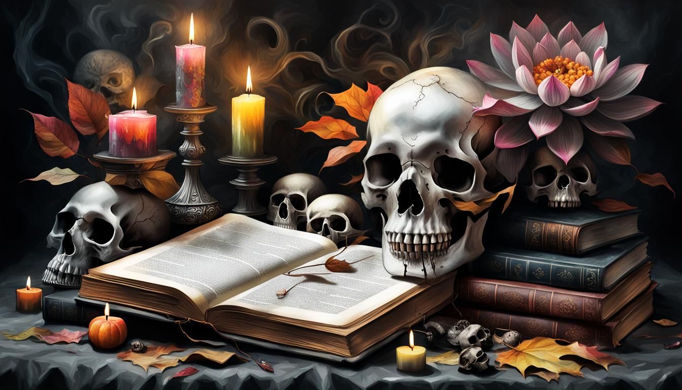 Dark Angelarium Still Life with Lotuses and Skull