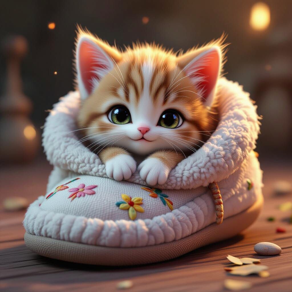 Cute Kitten in Cozy Slipper: 3D Anime Art
