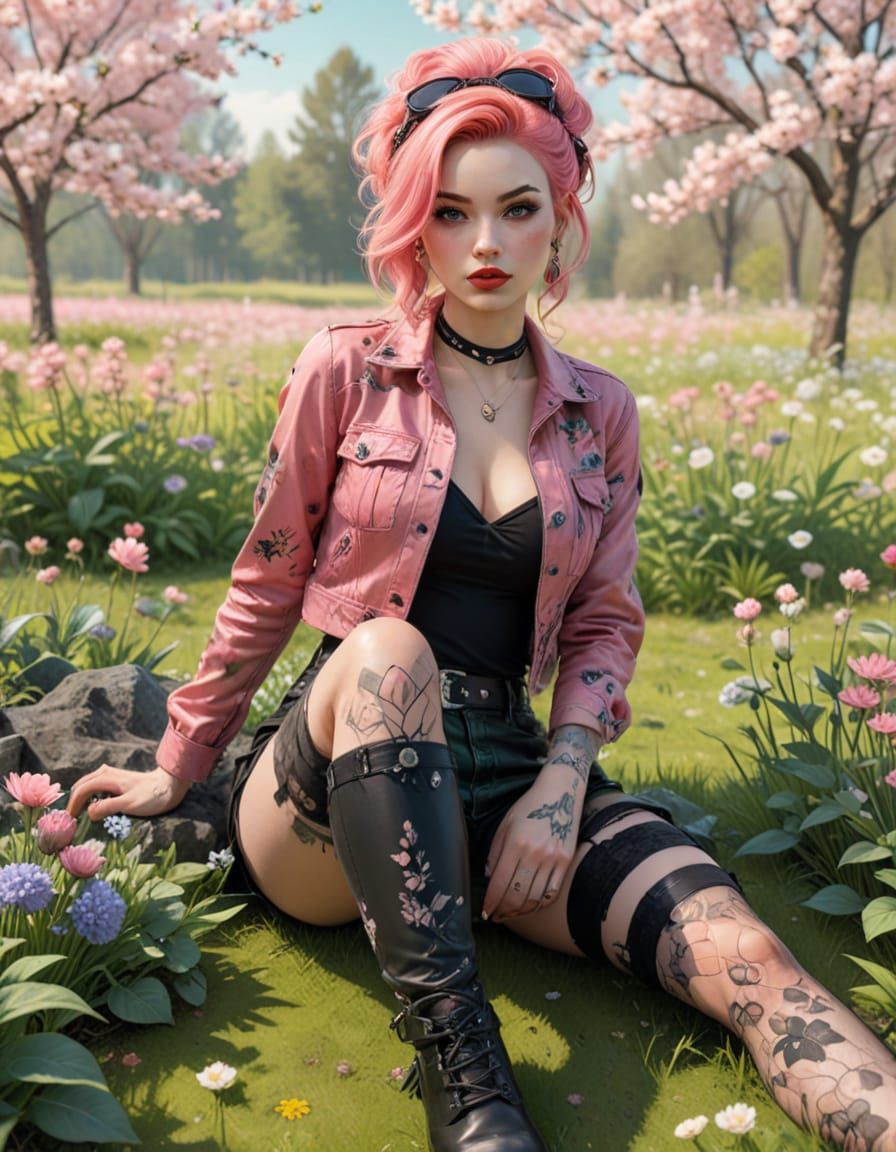 Whimsical Punk Pin-Up in Pastel Hues with Fresh Spring Flora...