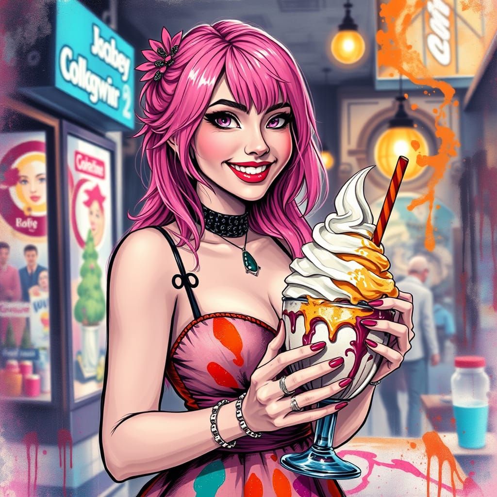 Pink-Haired Woman Making Ice Cream in Alcohol Ink Style