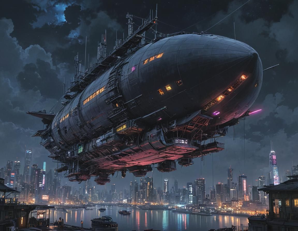Cyberpunk Airship Amidst Nebula Sky