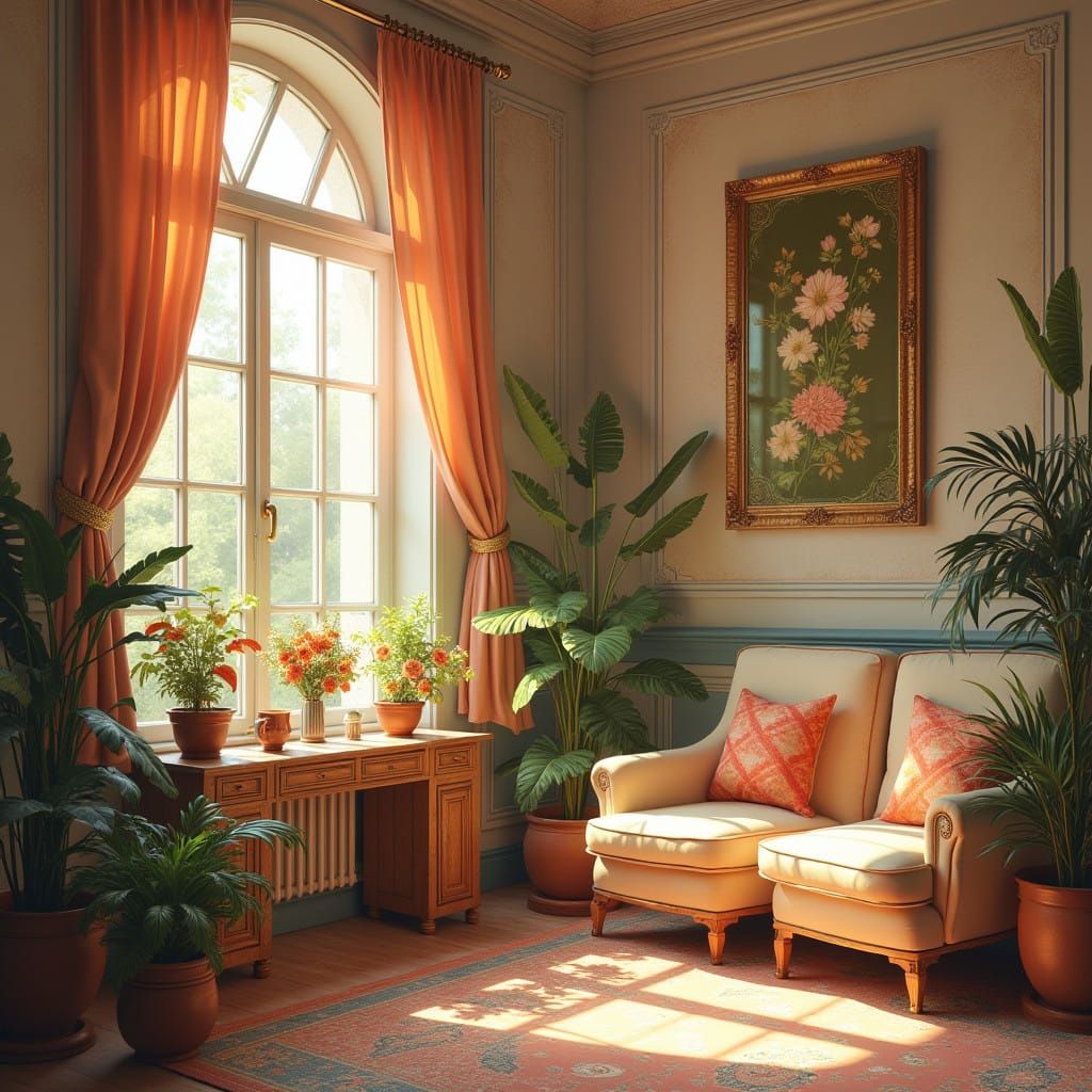 Cozy Watercolor Interior Scene with Elegant Window Drapes an...