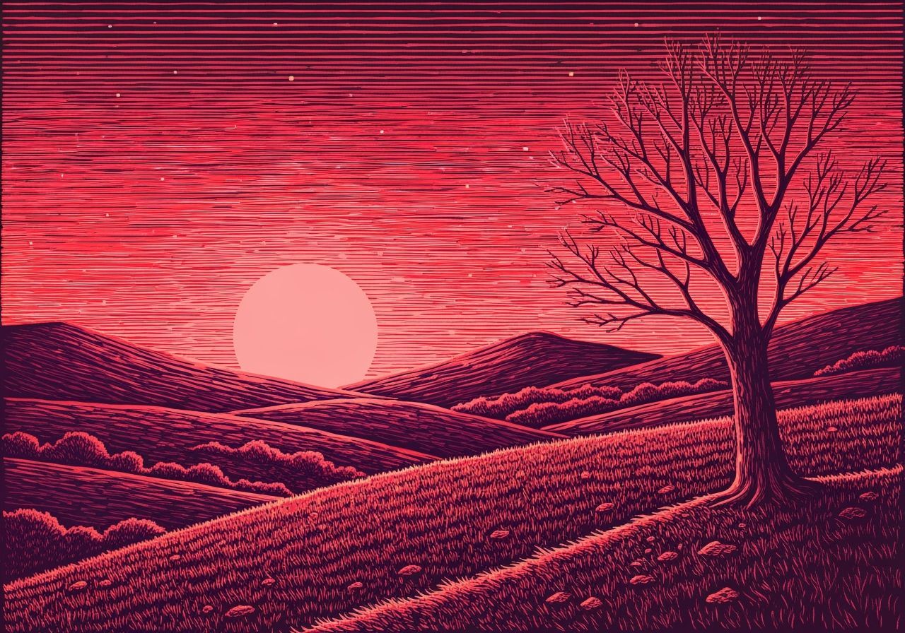 Serene Dusk Landscape with Pink Moonrise and Bare Tree