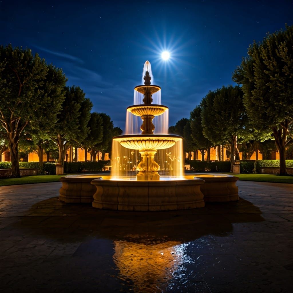 Glowing Fountain in Moonlit Courtyard