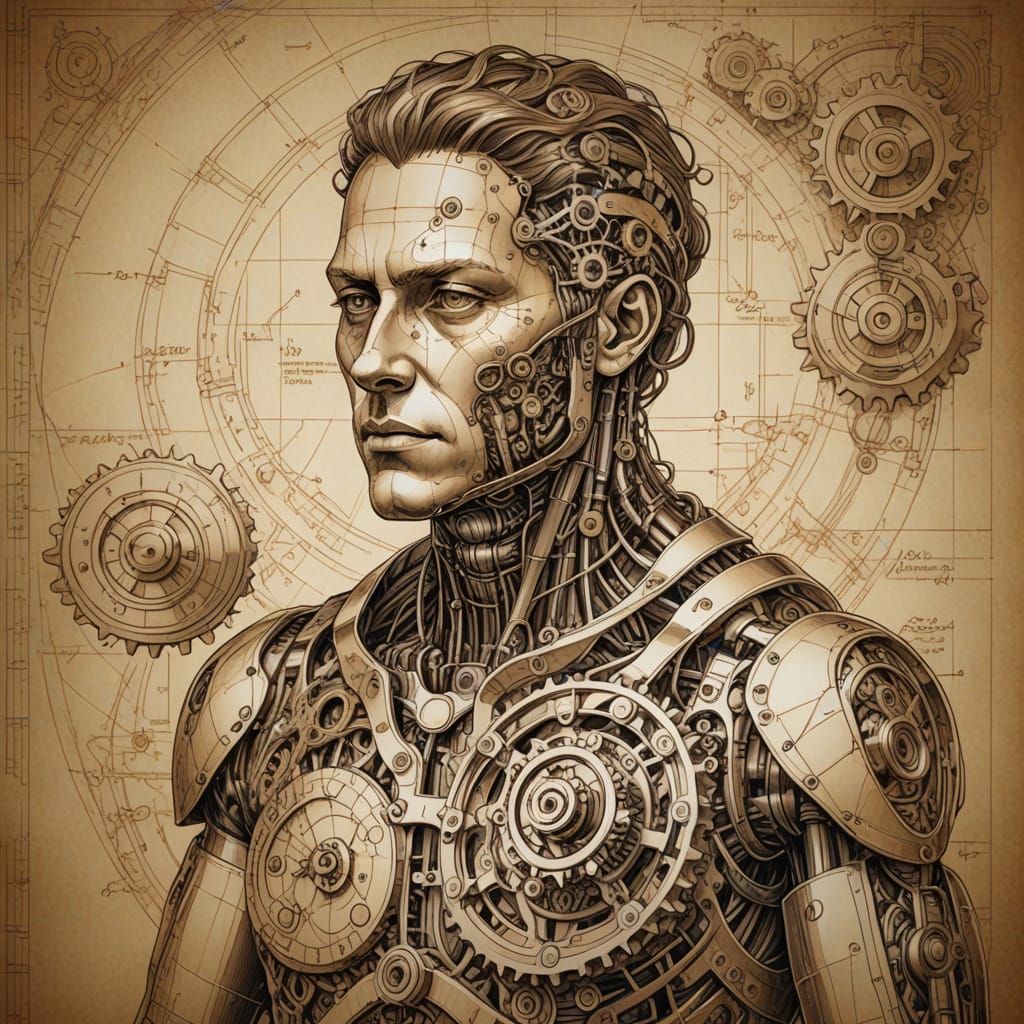 Renaissance Engineering Fusion Portrait with Mechanical Part...