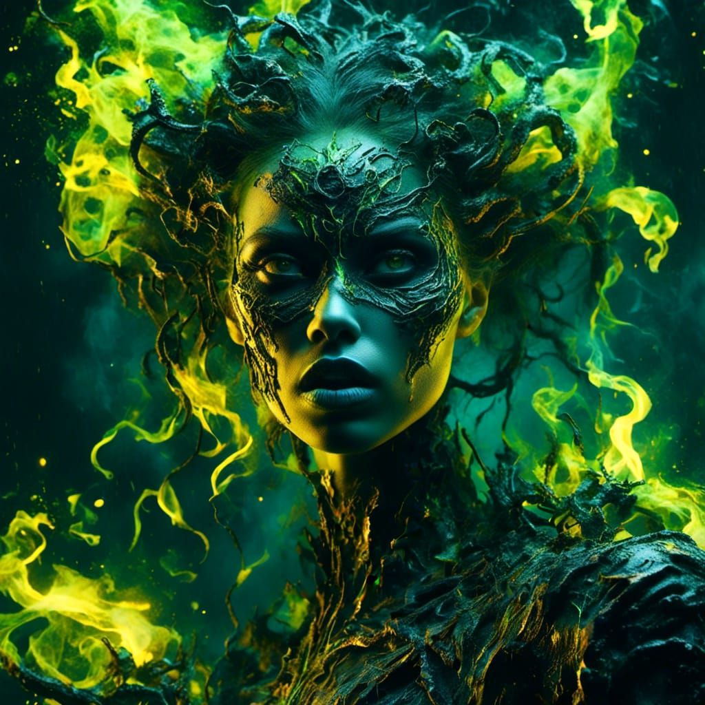 Luminous Portrait with Flames and Abstract Tendrils