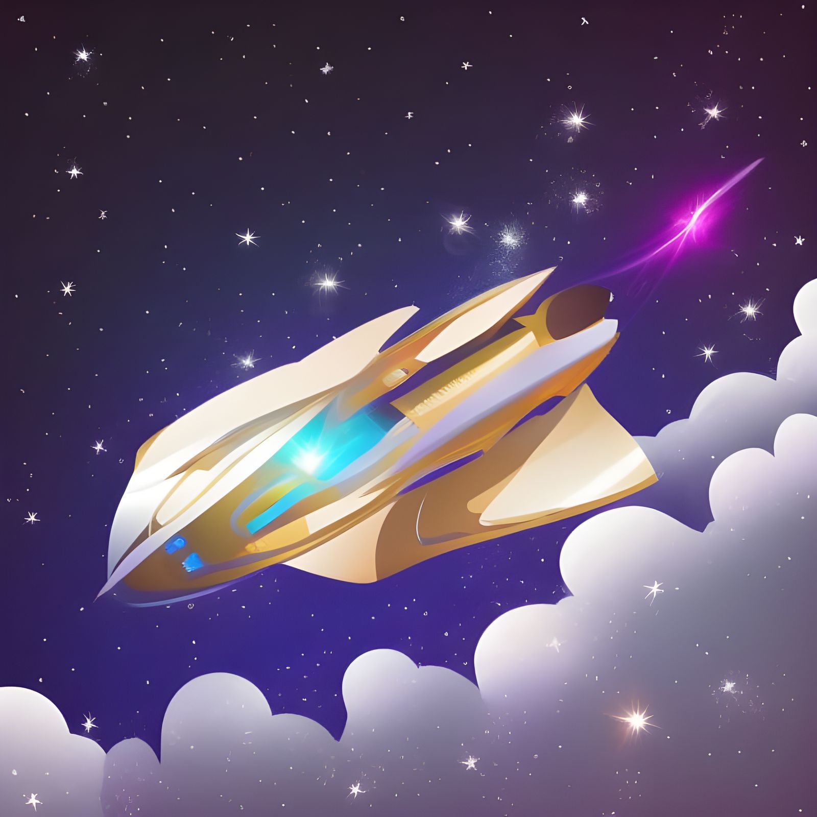 Adorable Spaceship Soaring Through Sparkling Nebula