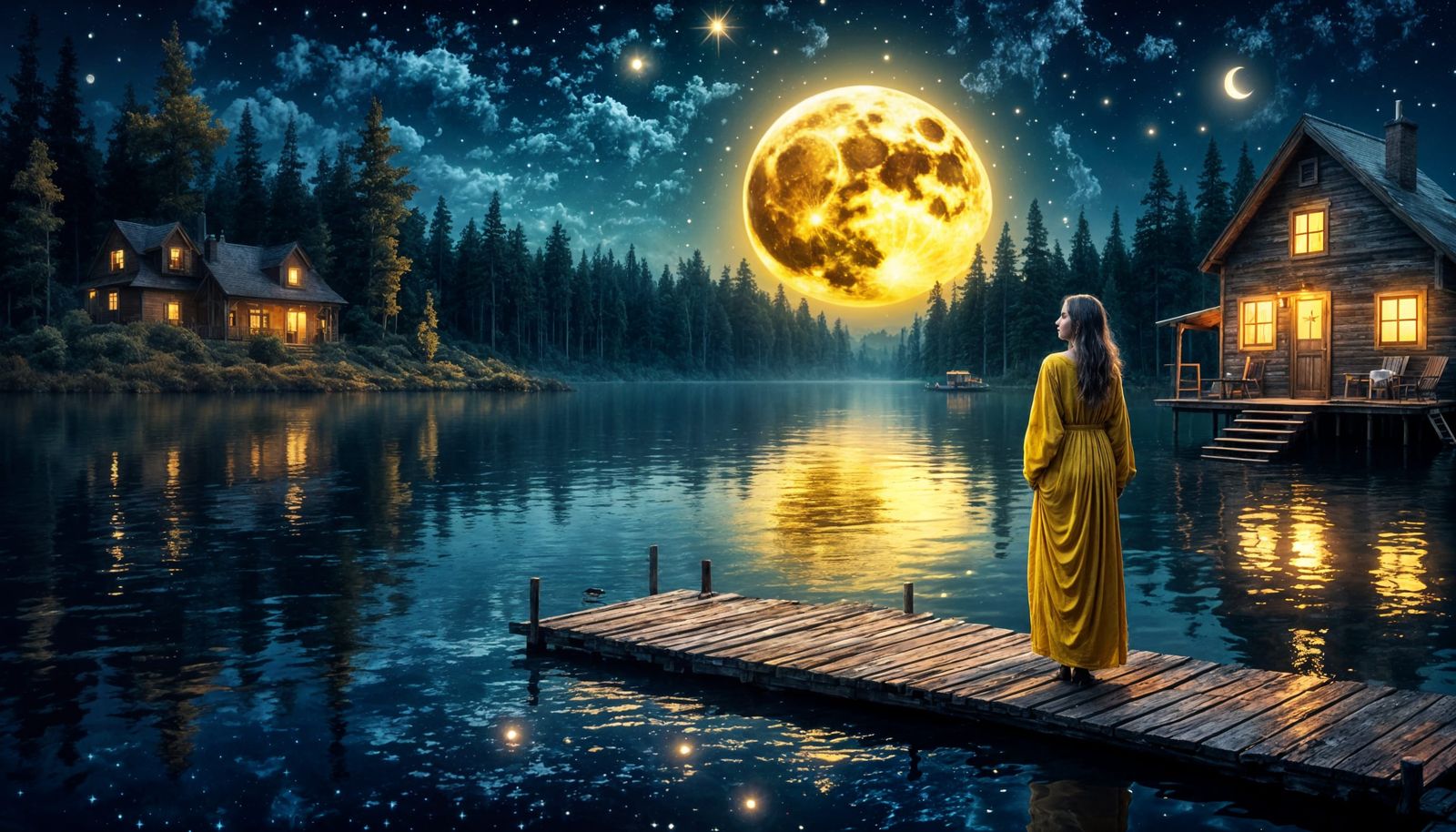Maximalist Moonlit Night Scene with Woman on Dock