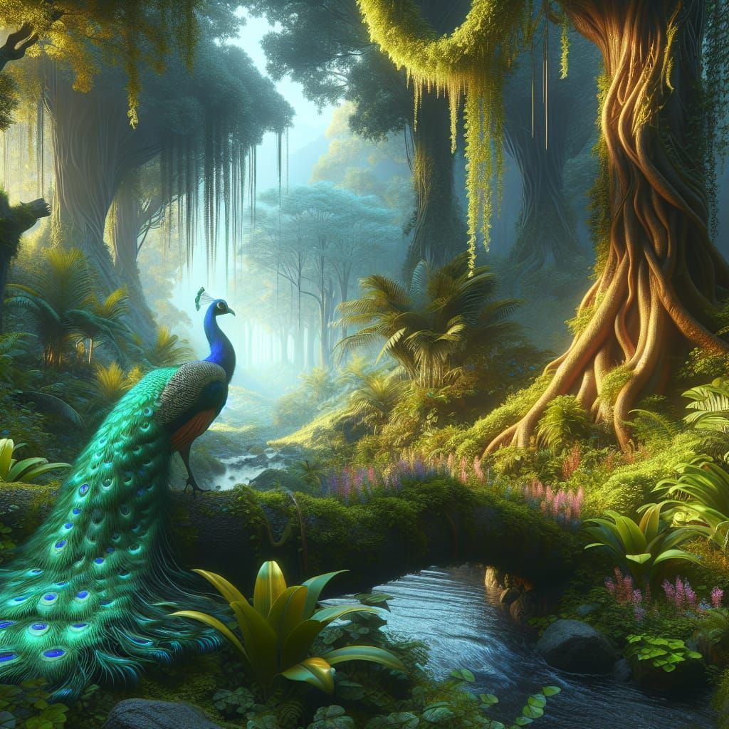 Hyperrealistic Peacock in Lush Forest: Digital Art Portrait