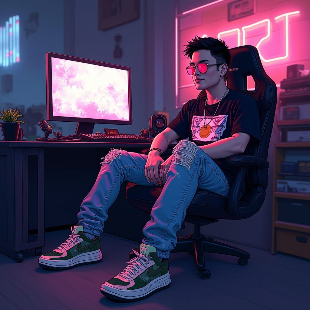 Cyberpunk Gamer in Futuristic Gaming Setup