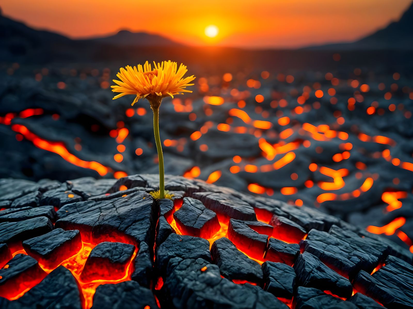 Surreal Broom Tree Blooms Amidst Lava Flow in Vibrant Sunset