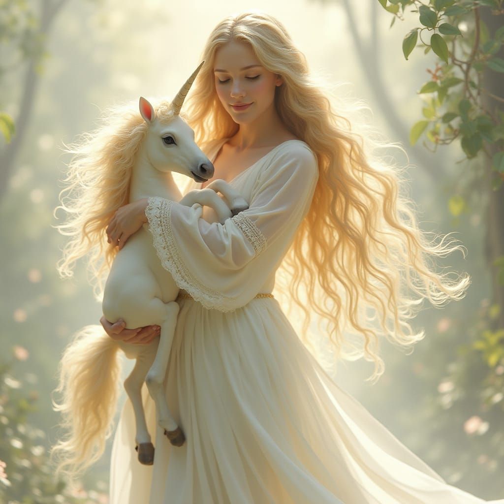 Goddess with Unicorn Foal in Ethereal Style