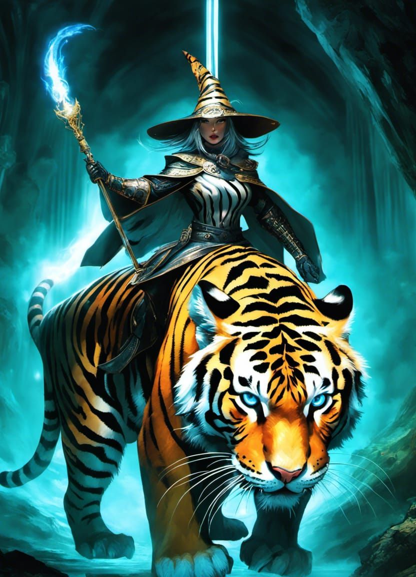 Tiger Witch Riding Armored Tiger: Digital Art