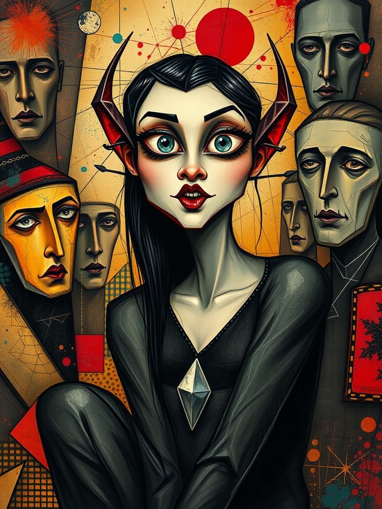 Scribble art cubist facets, oblong faces, Female Vampire with fangs, diamond-shaped bodies, surreal and uncanny atmosphe...