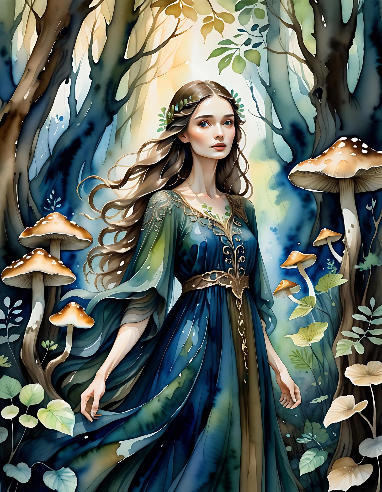 Mystical Woman in Forest, Watercolor Portrait