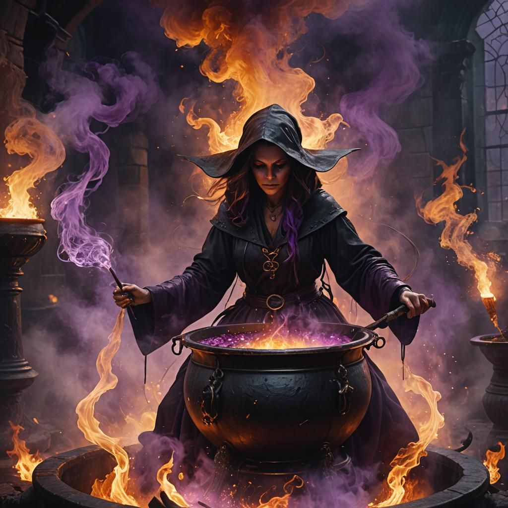 Witch Master Brews Potion: Dark Fantasy Digital Art