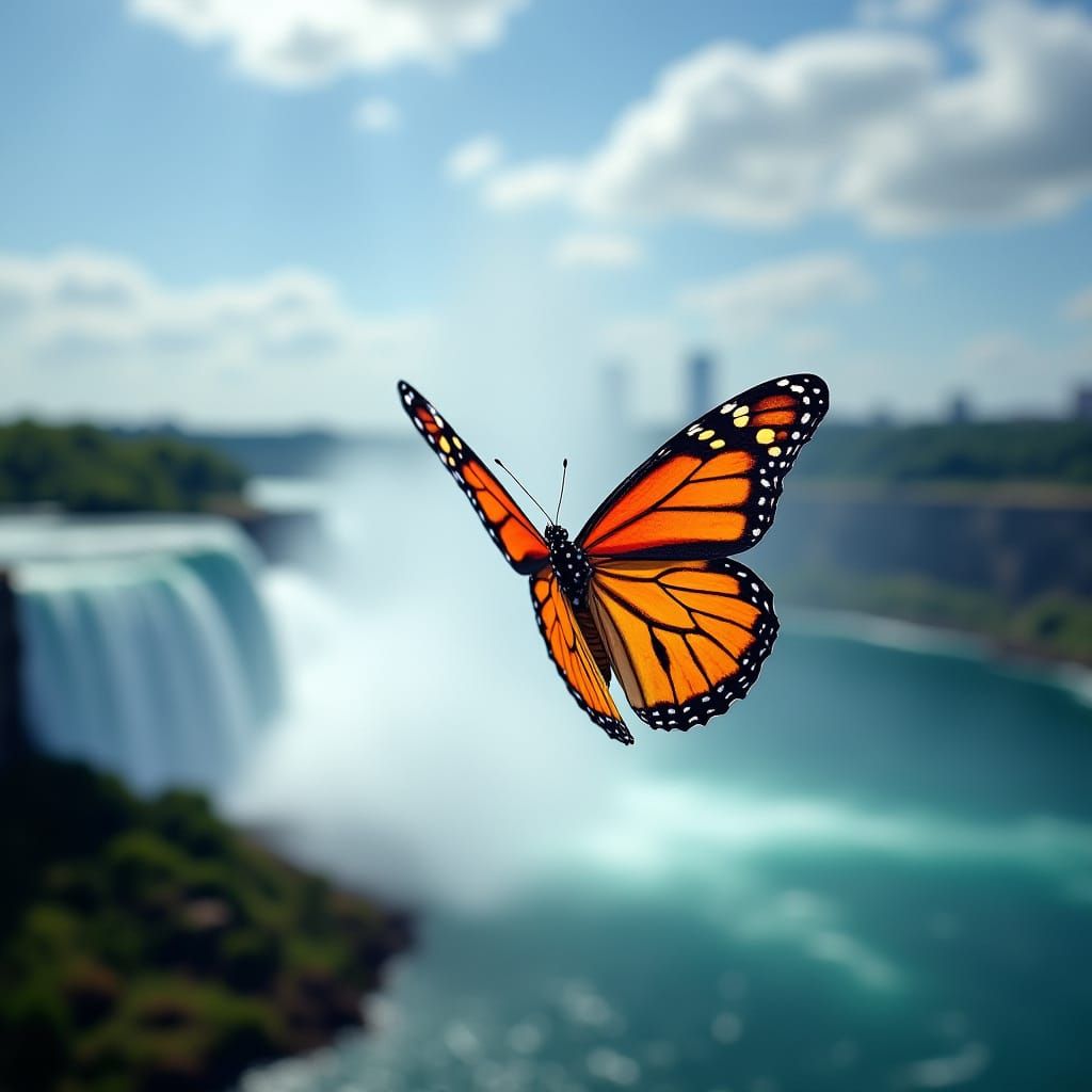 Butterfly Soars Over Niagara Falls in Vibrant Colors
