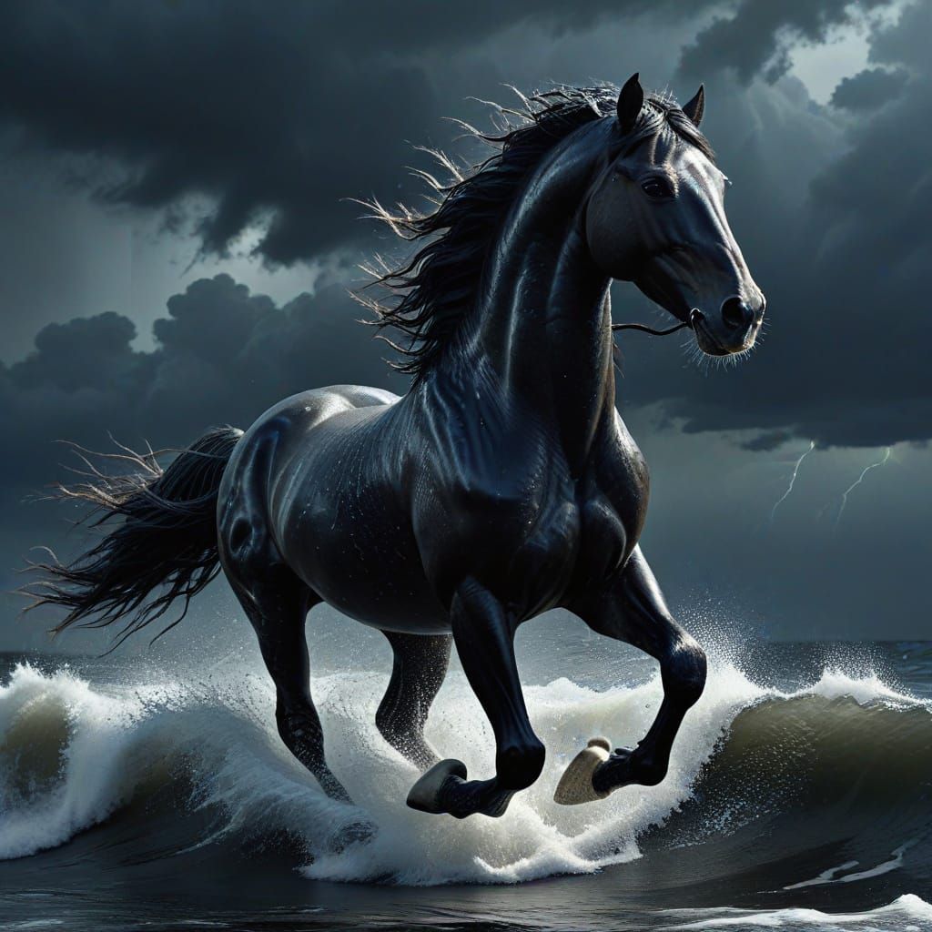 Black Stallion Galloping Through Sea in Oil Painting