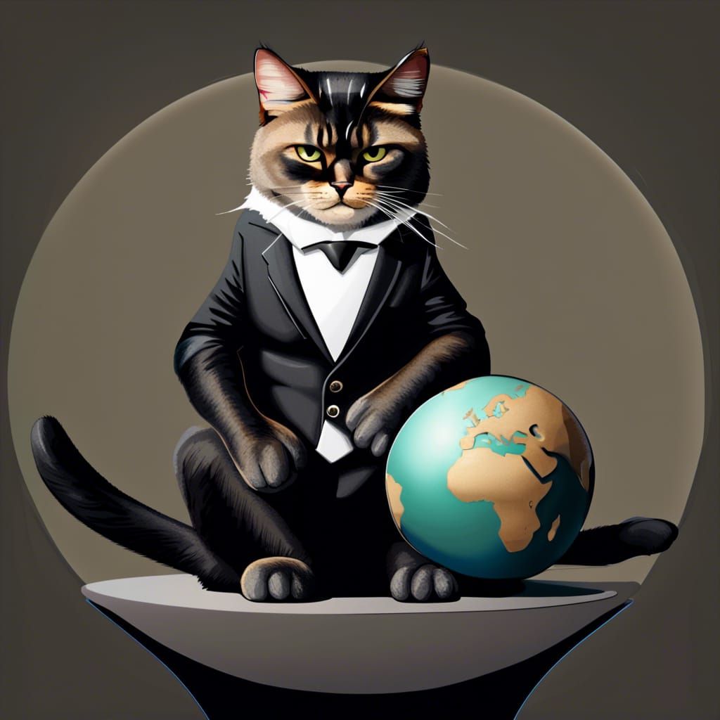 Stern Cat Boss on Globe in Business Suit
