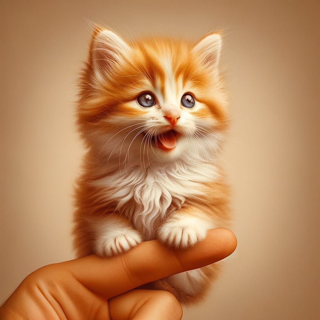 Charming Portrait of a Fluffy Orange Kitten on a Human Finge...