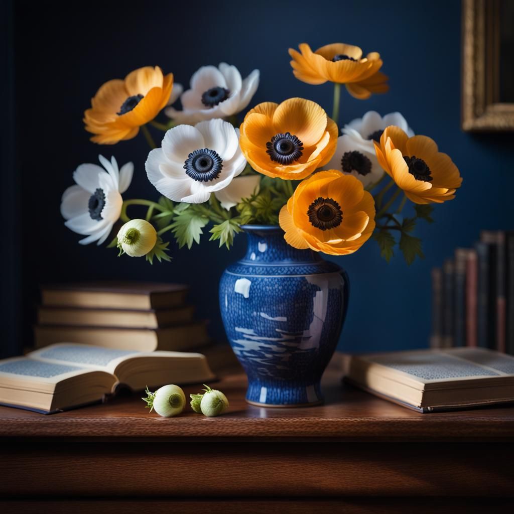 Anemones in Blue Willow Vase, Realistic Still Life