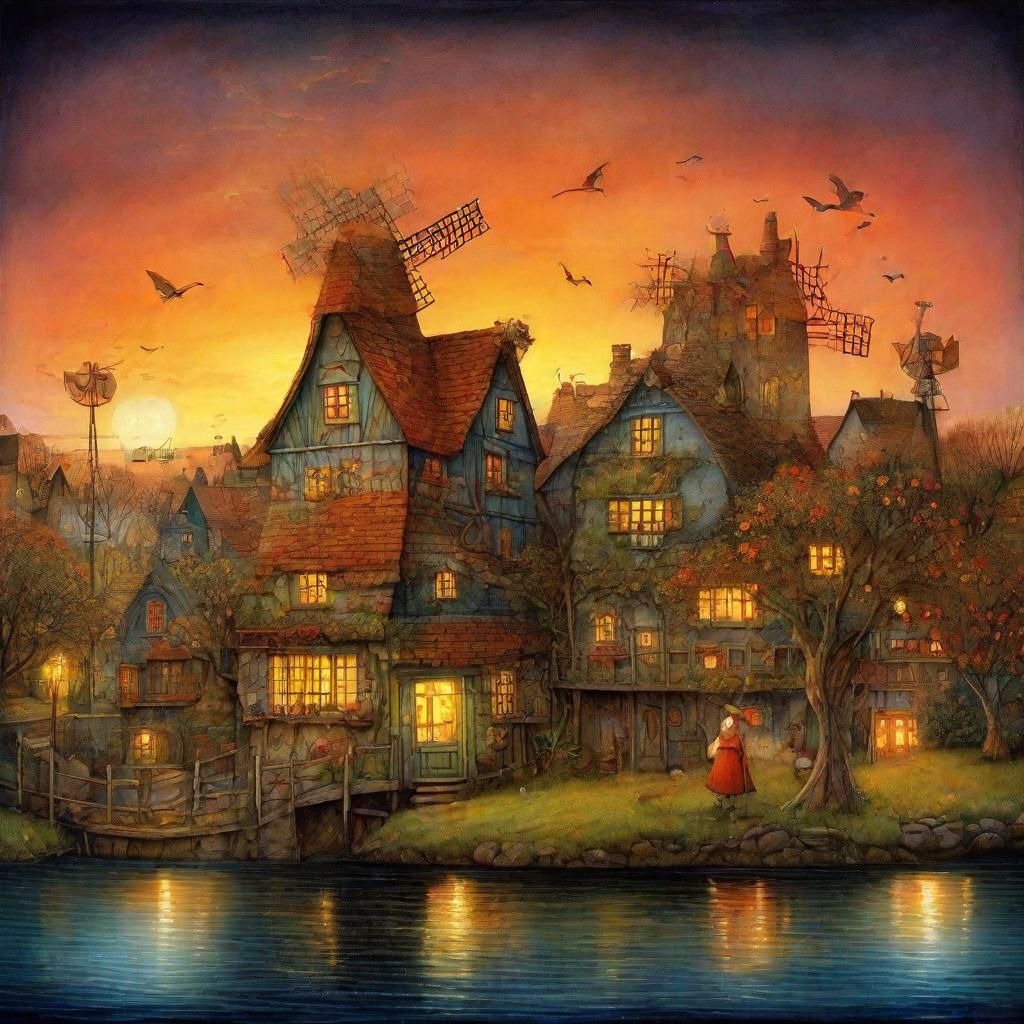 Whimsical Town with Windmill at Sunset