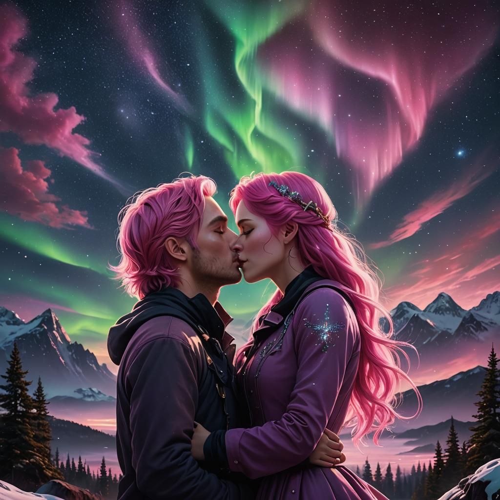Couple Kissing Under Aurora Borealis: Matte Painting