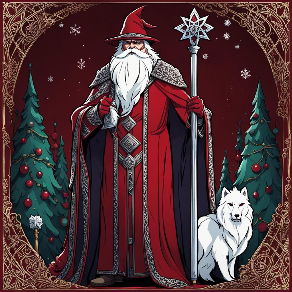 Dark Wizard in Crimson Robes with Runic Snowflakes