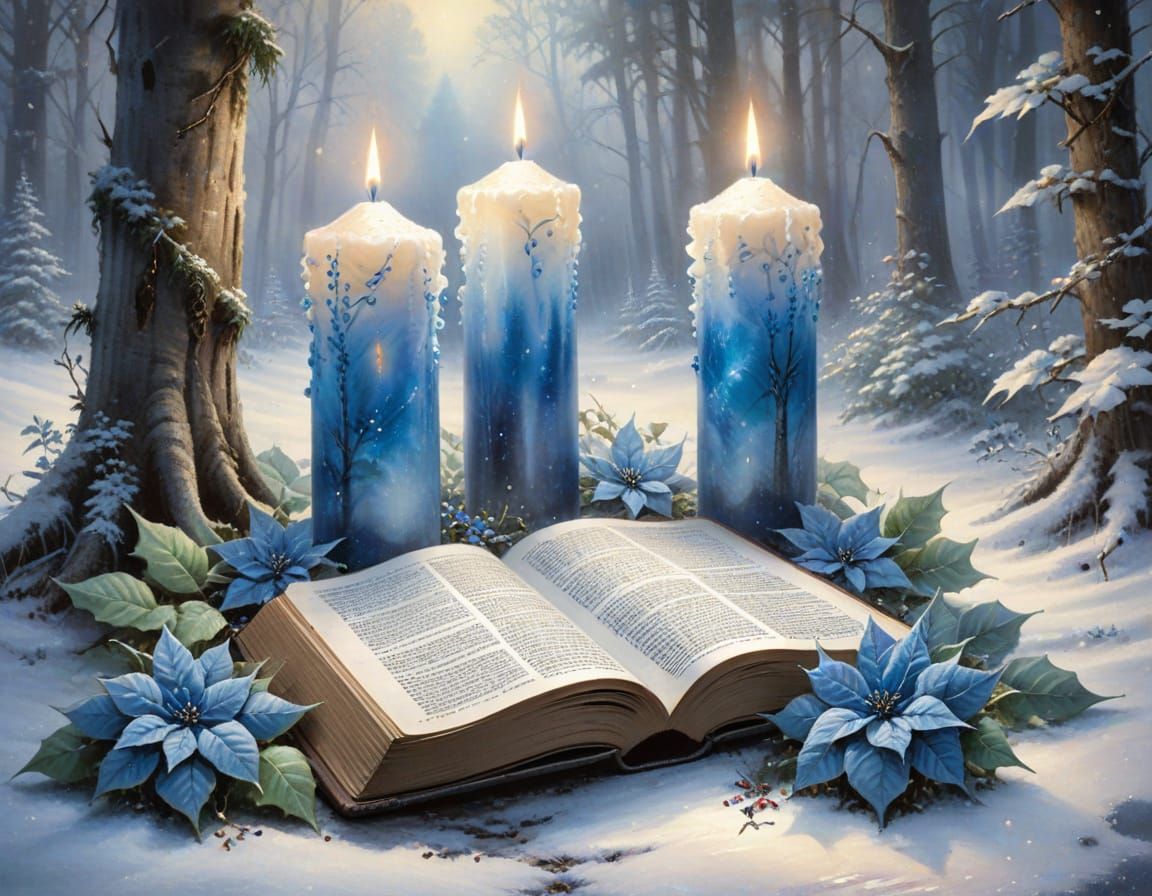Watercolour of Candles and Bible in Snowy Forest Clearing
