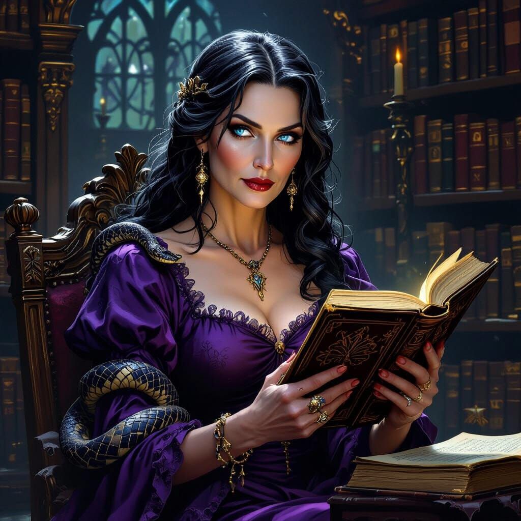 Divine Witch Reading Spell Book in Gothic Library