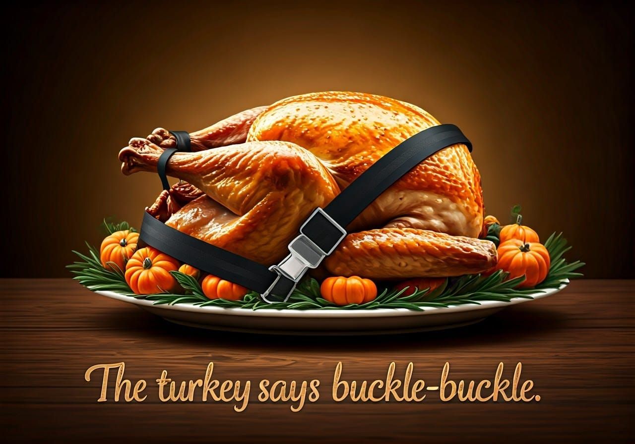 Turkey Buckles Up: A Whimsical Dinner Scene