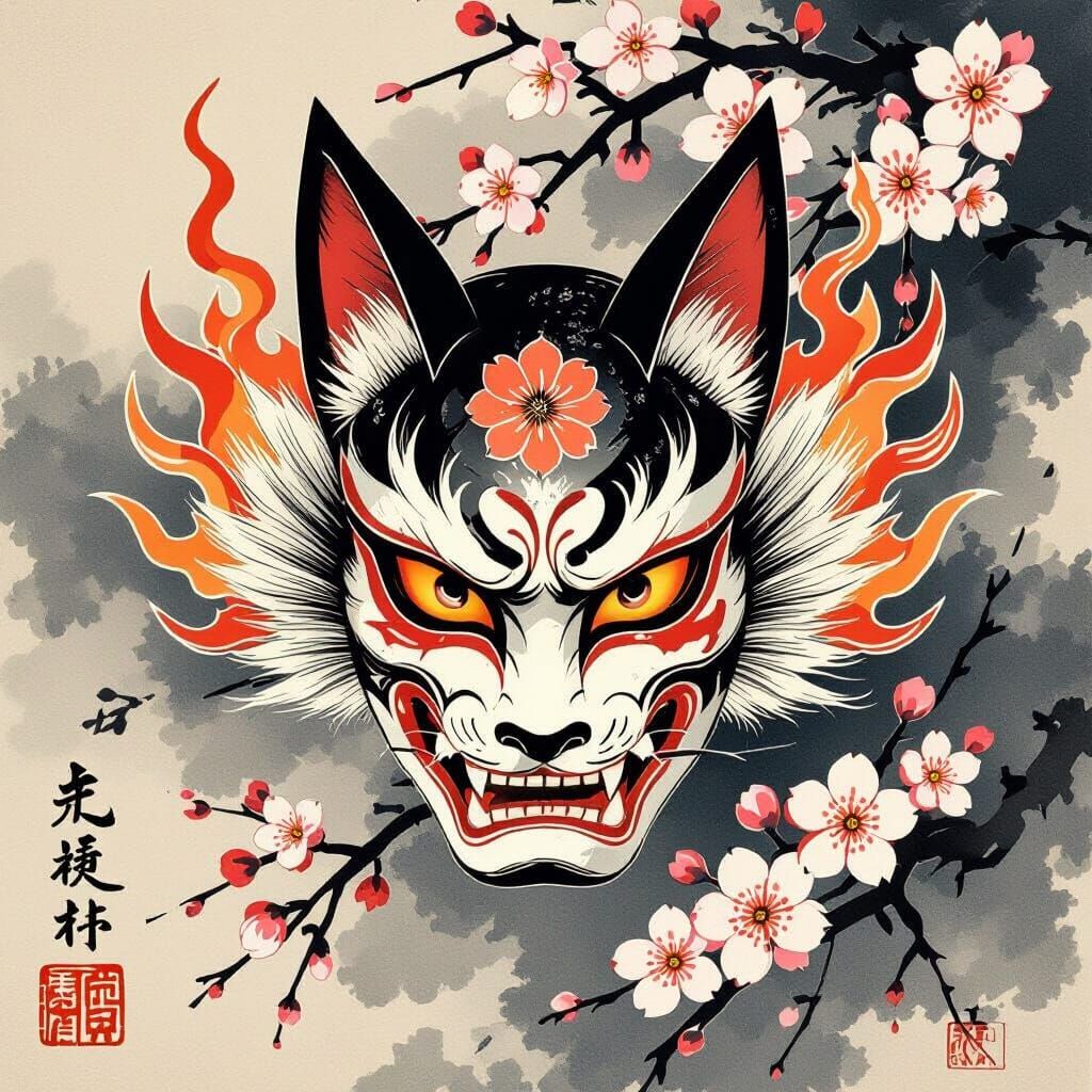Kitsune Mask in Japanese Ink Art Style