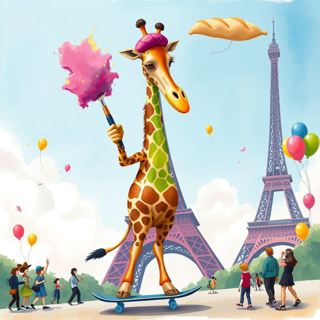 Giraffe Paints Eiffel Tower in Playful Style
