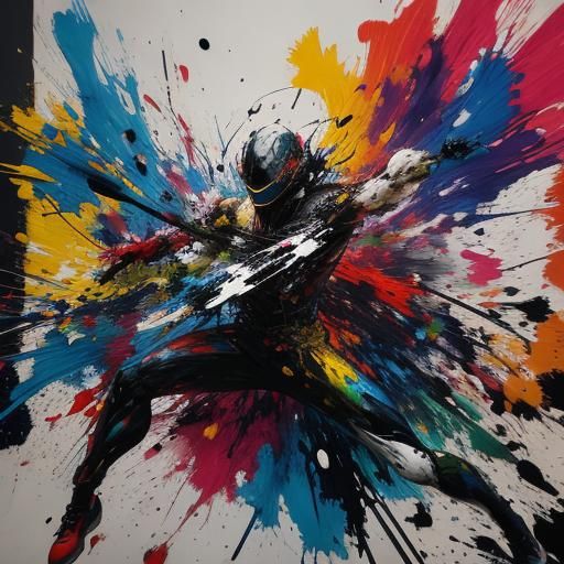 Dynamic Abstract Expressionism Figure in Chaotic Cityscape