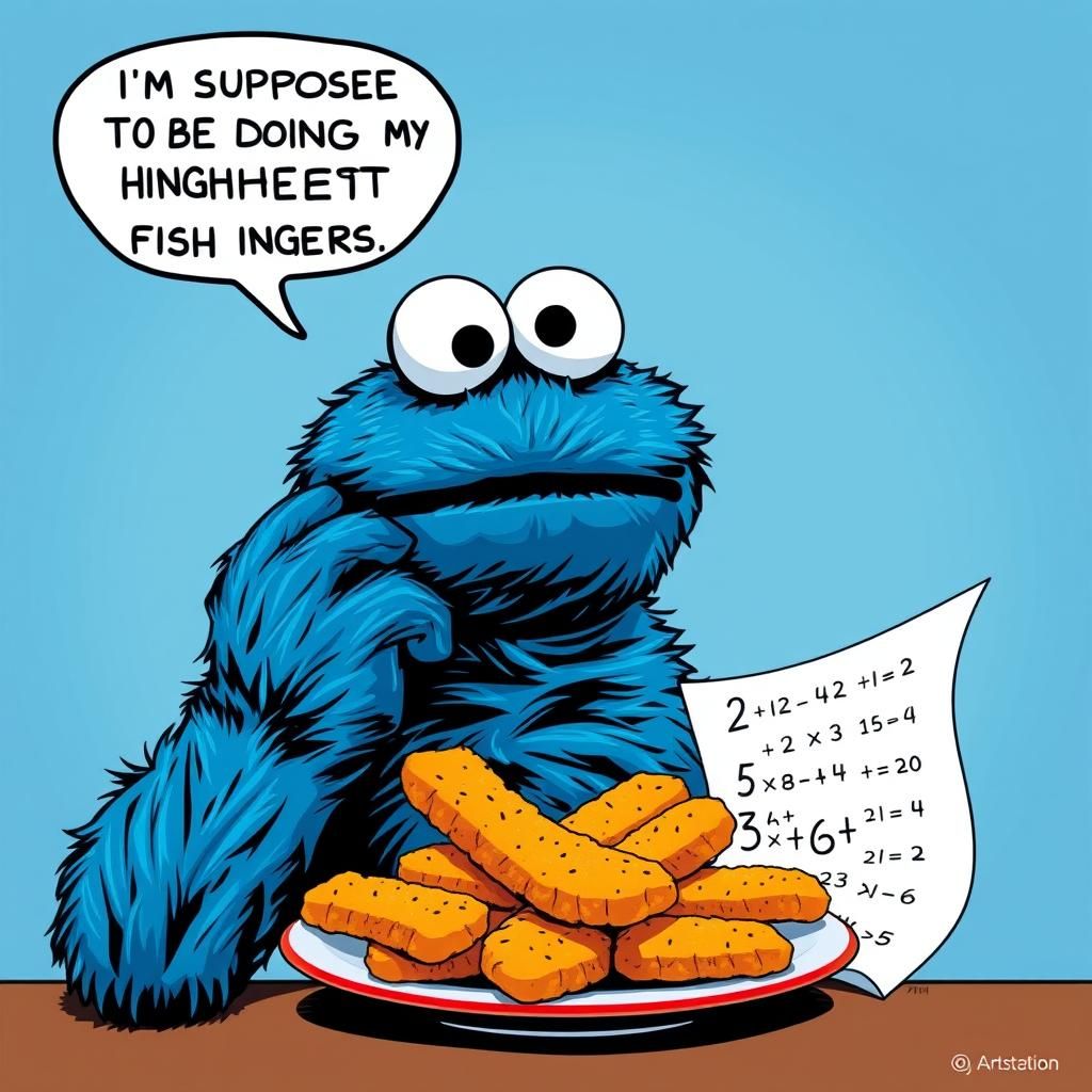 Cookie Monster Contemplates Fish Finger Math in Pop Art