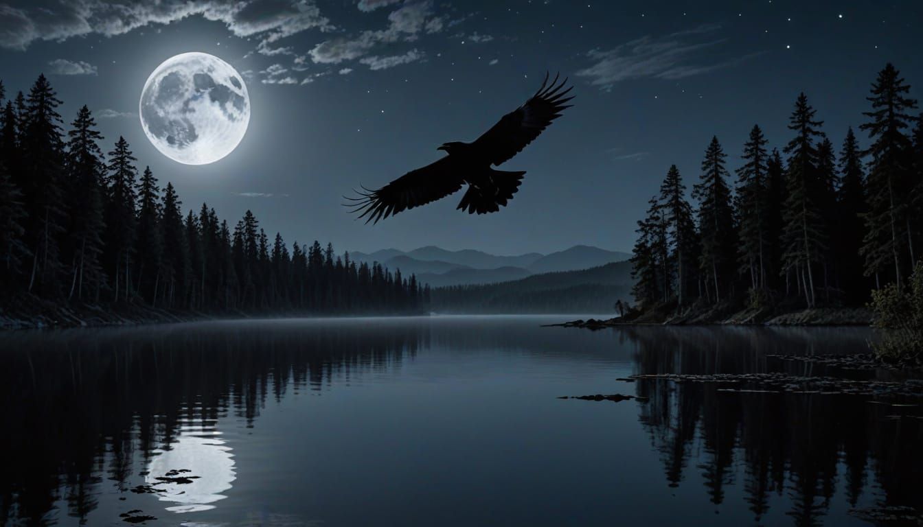 Moonlit Night Sky with Raven in Flight
