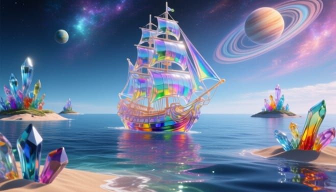 Brilliant Glass Ship Sailing Cosmic Sea
