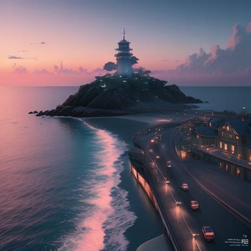 Anime-Style Dusk Seascape in 3D